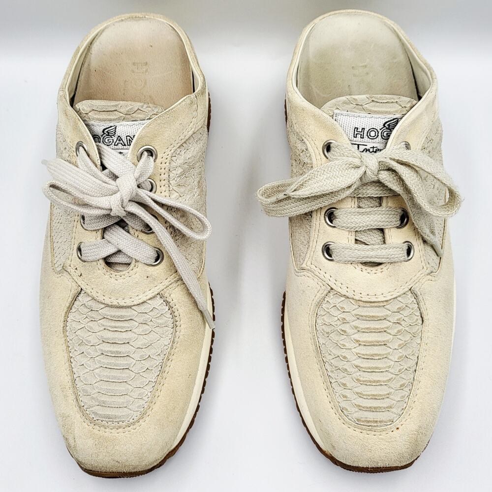 Hogan Interactive Off White Suede Snakeskin Slip On Sneakers Made in Italy Sz 36